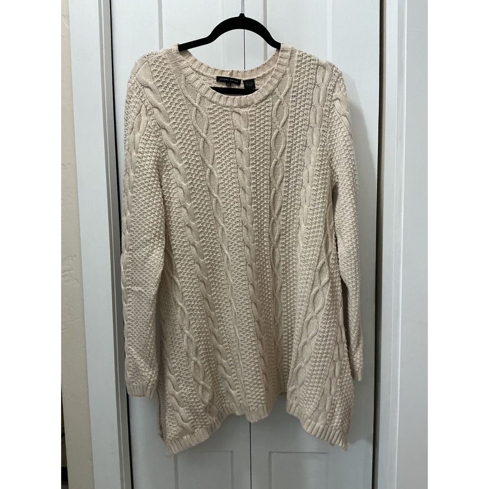 Jeanne Pierre Women Cream Cable Knit Cotton Tunic Sweater Sharkbite Hem XL
